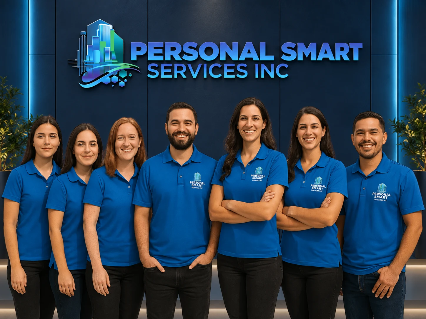 The Personal Smart Services team in branded blue uniforms